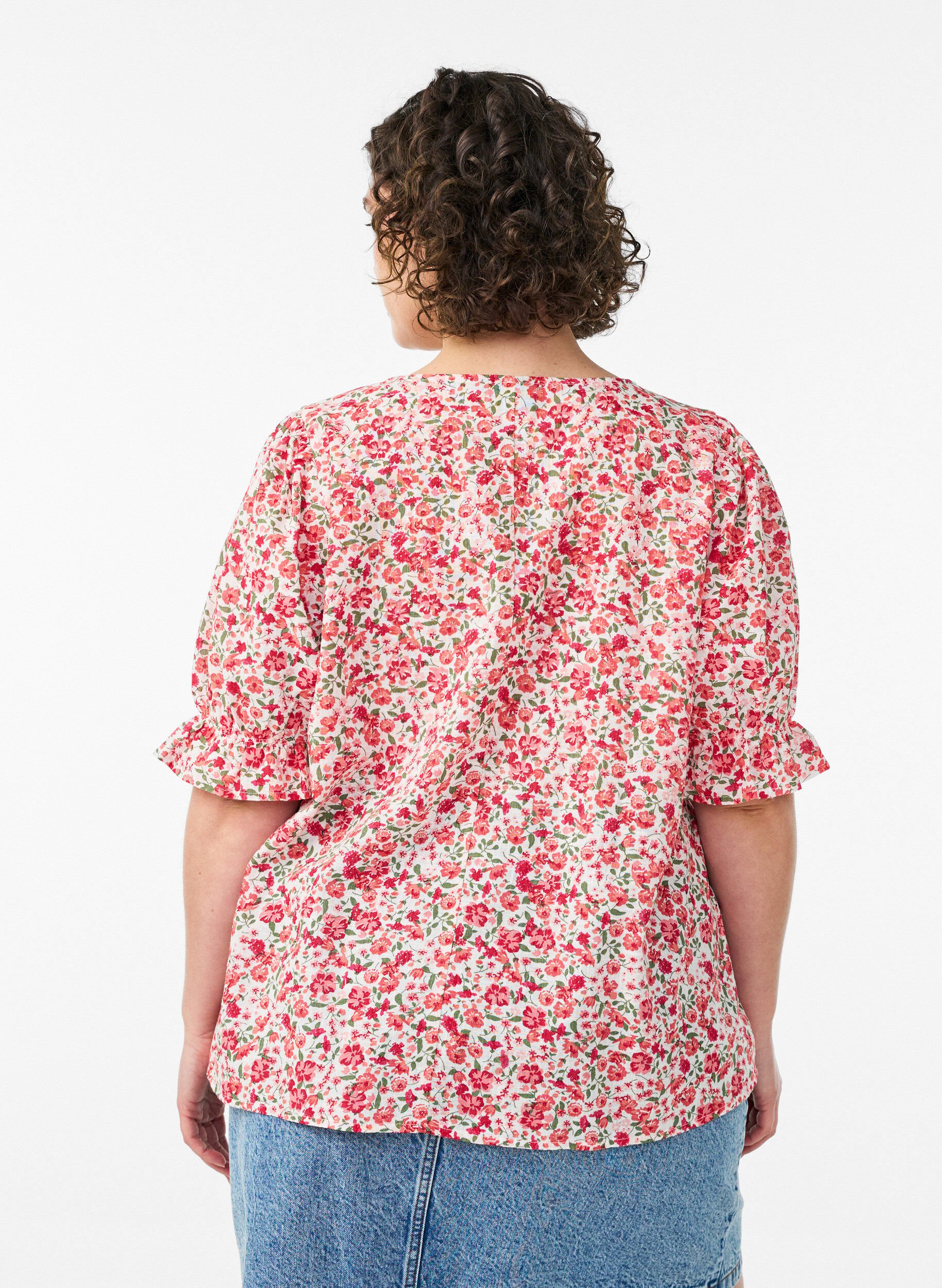 ZizziBluse i bomuld med firkantet udsk&aelig;ring, R&oslash;d, Model image number 2
