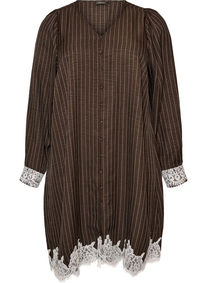 Kn&aelig;lang kjole med n&aring;lestriber og blondekant, Brun, Packshot image number 0
