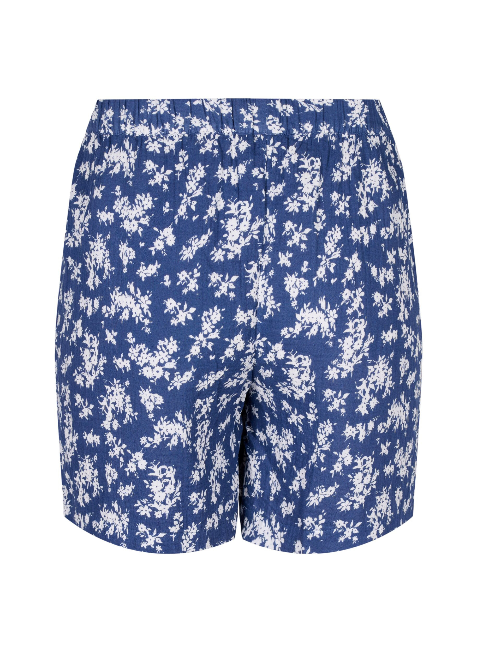 Zizzi Blomstrede natshorts i bomuld, V. Indigo Flower AOP, Packshot image number 1