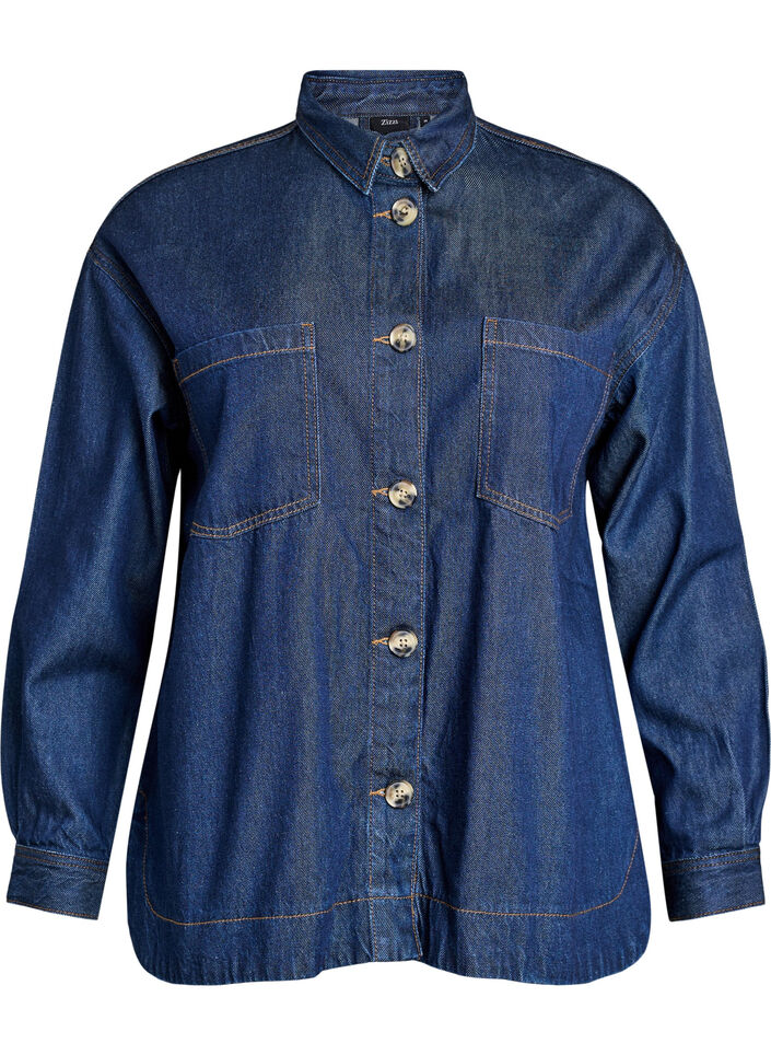 Løs denimskjorte med brystlommer, Blå, Packshot image number 0