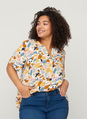 Printet bluse med korte ærmer, Multicolor AOP, Model image number 0