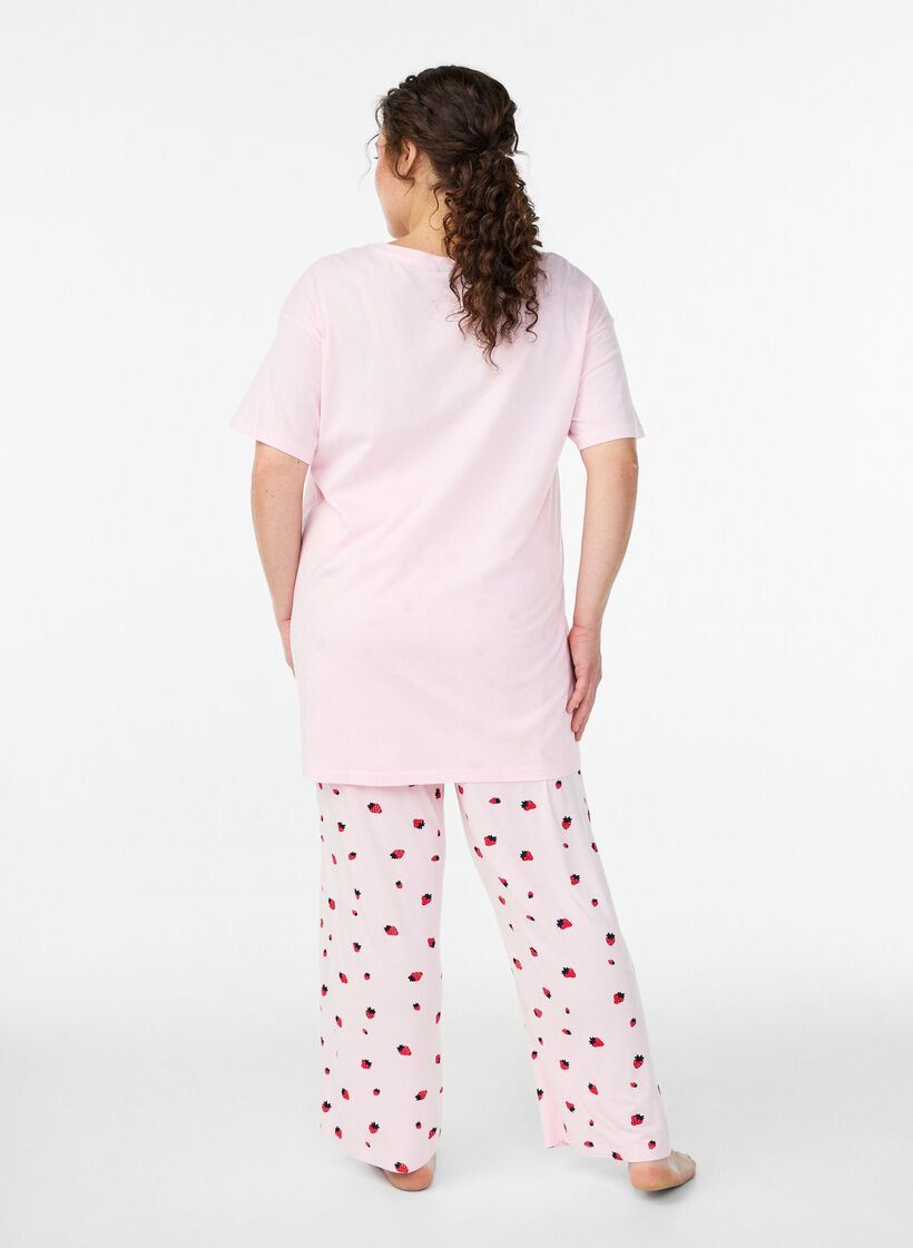 Natbukser i bl&oslash;d jersey med h&oslash;j talje og frugtprint, Lyser&oslash;d, Model image number 1