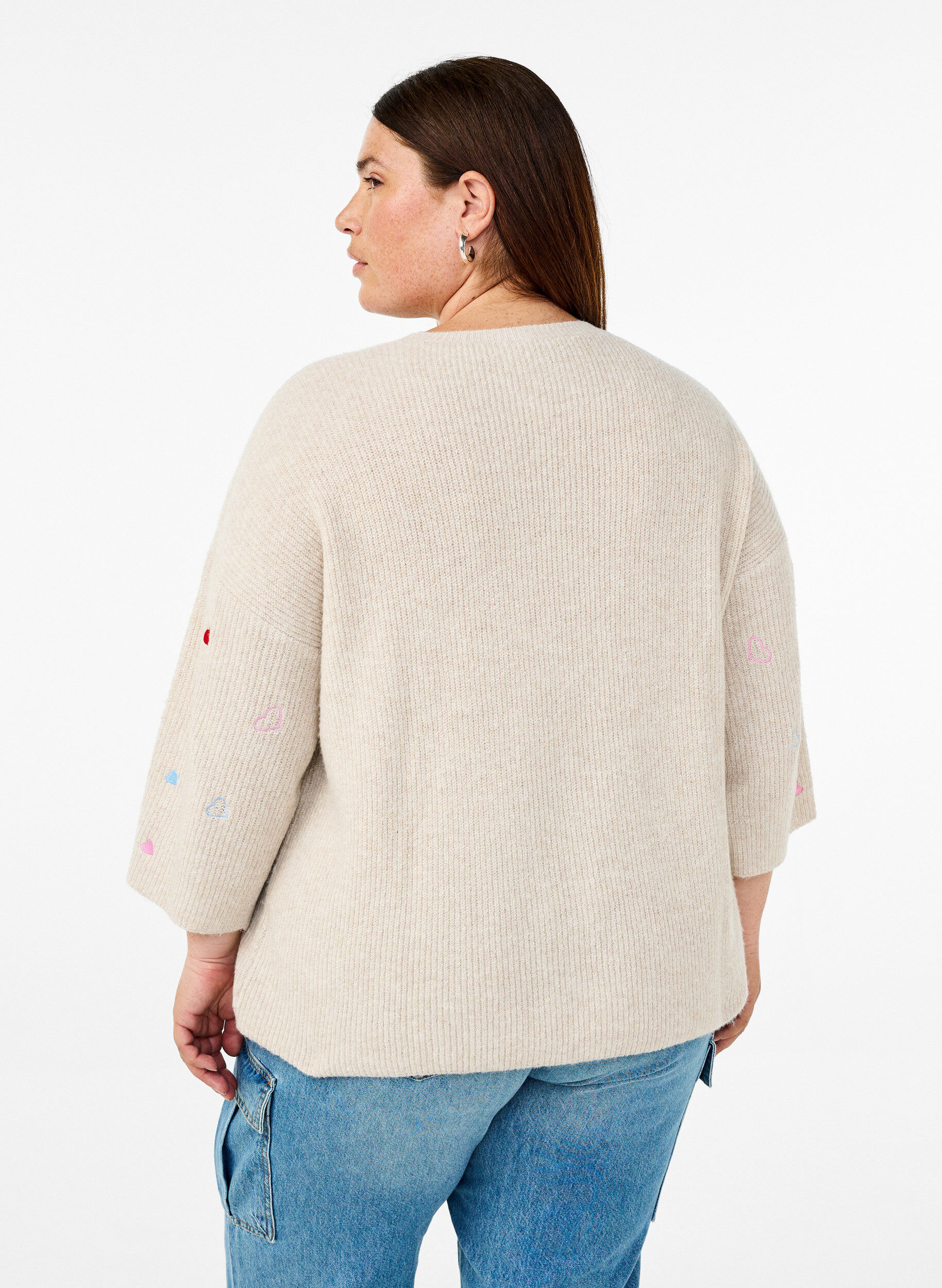 Zizzi Strikbluse med hjerter og 3/4 &aelig;rmer, Beige, Model image number 2