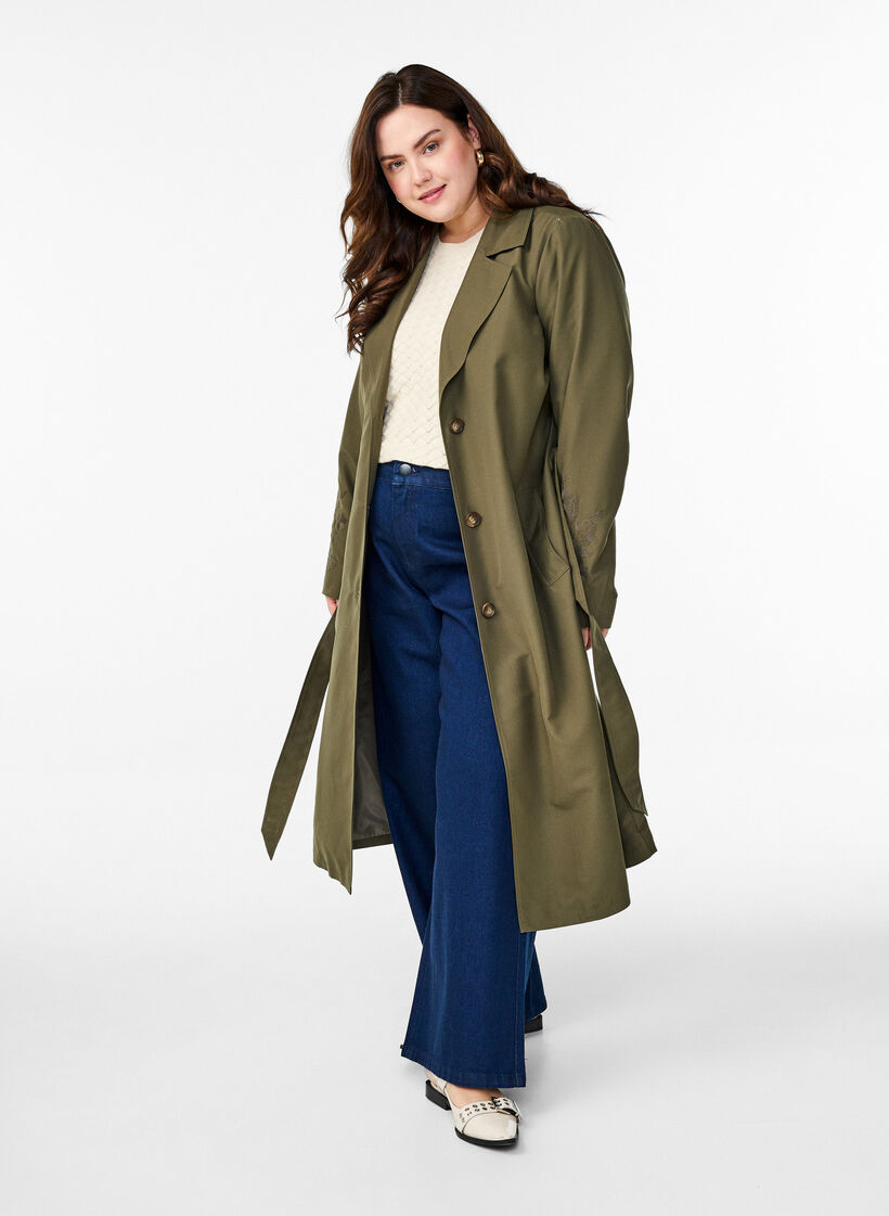Lang trenchcoat med broderi, Grøn, Model image number 1
