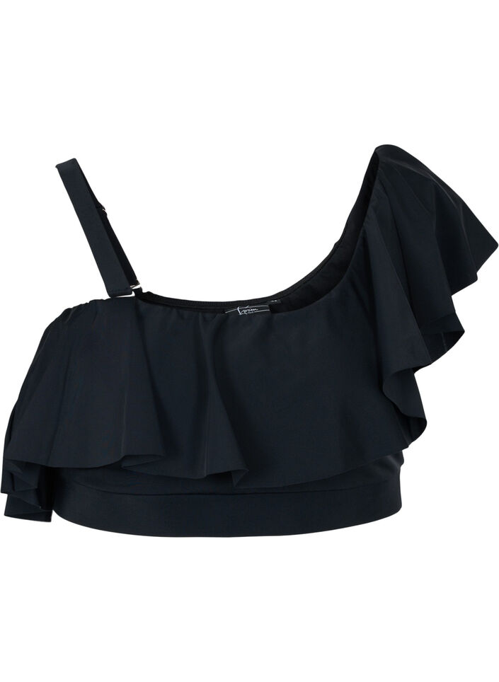 One-shoulder bikini top med flæser , Black, Packshot image number 0