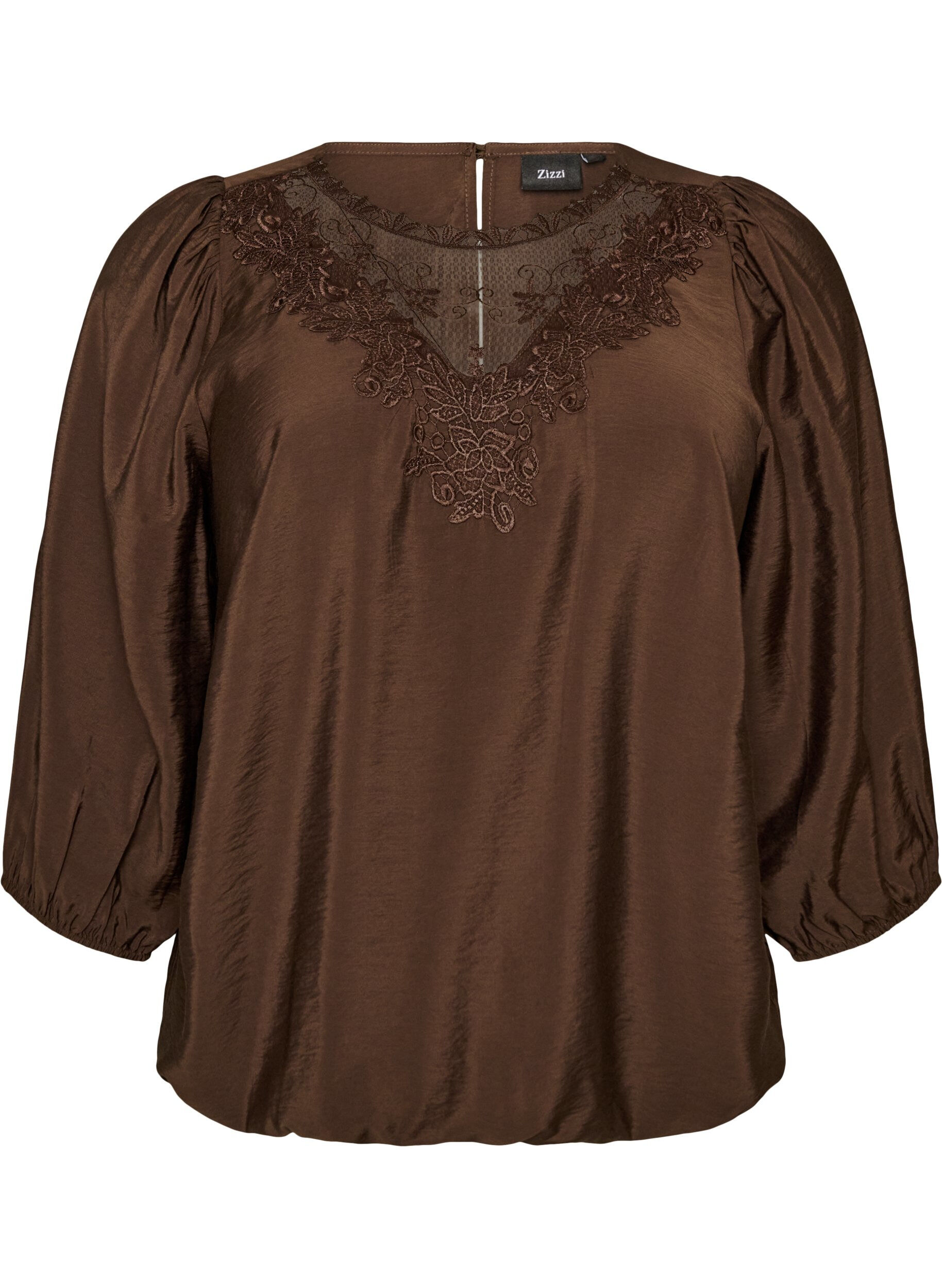 ZizziBluse med 3/4 &aelig;rmer og blondedetalje, Brun, Packshot image number 0