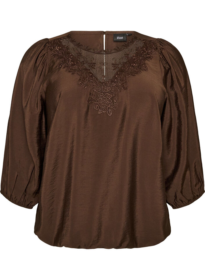 Bluse med 3/4 &aelig;rmer og blondedetalje, Brun, Packshot image number 0