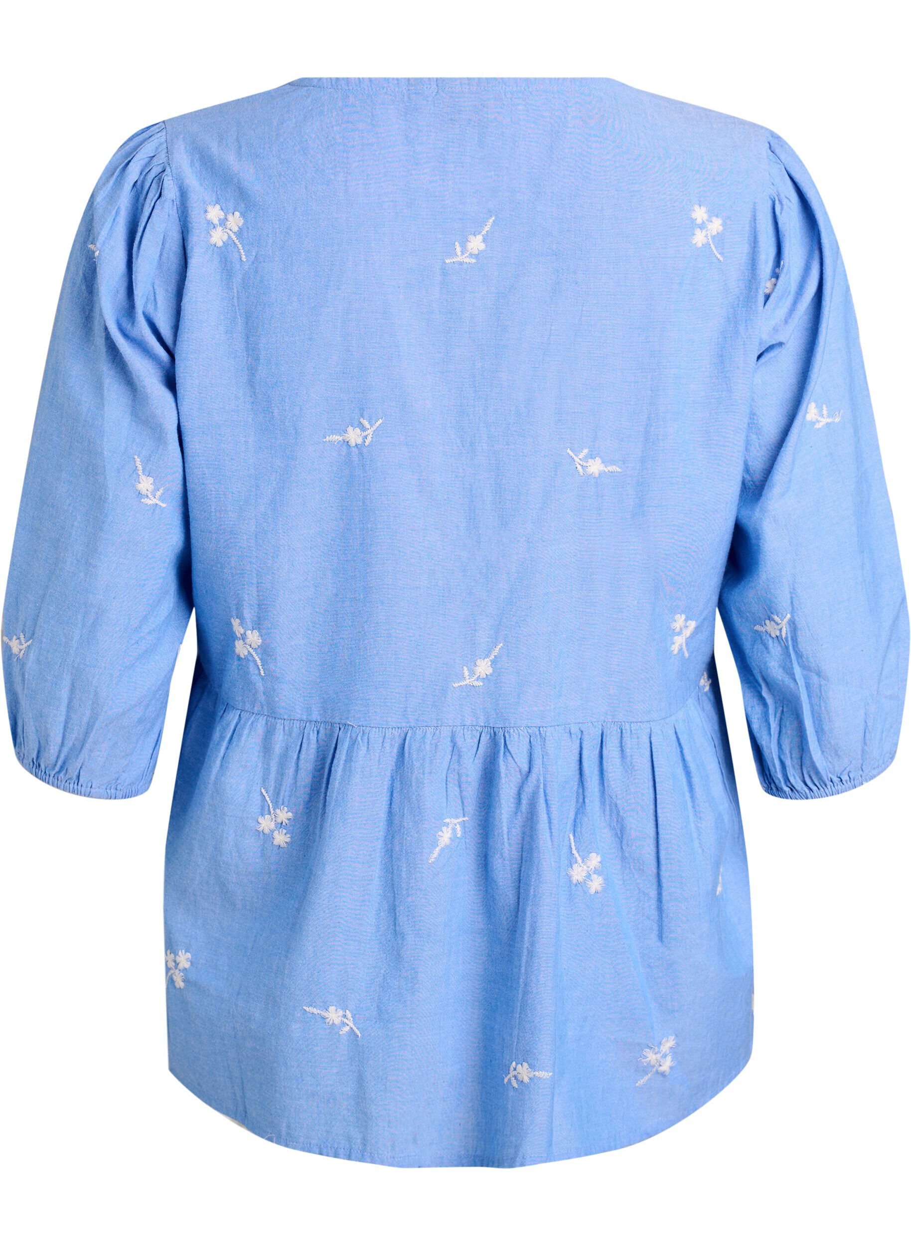 ZizziBluse i bomuld med broderede blomster og knaplukning, Bl&aring;, Packshot image number 1