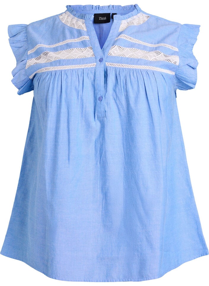 &AElig;rmel&oslash;s bluse i bomuld med fl&aelig;sekanter, Bl&aring;, Packshot image number 0