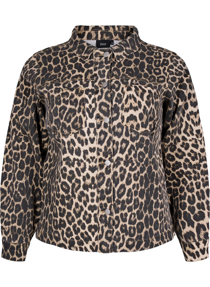 Denimjakke med leopardprint og brystlommer, Brun, Packshot image number 0