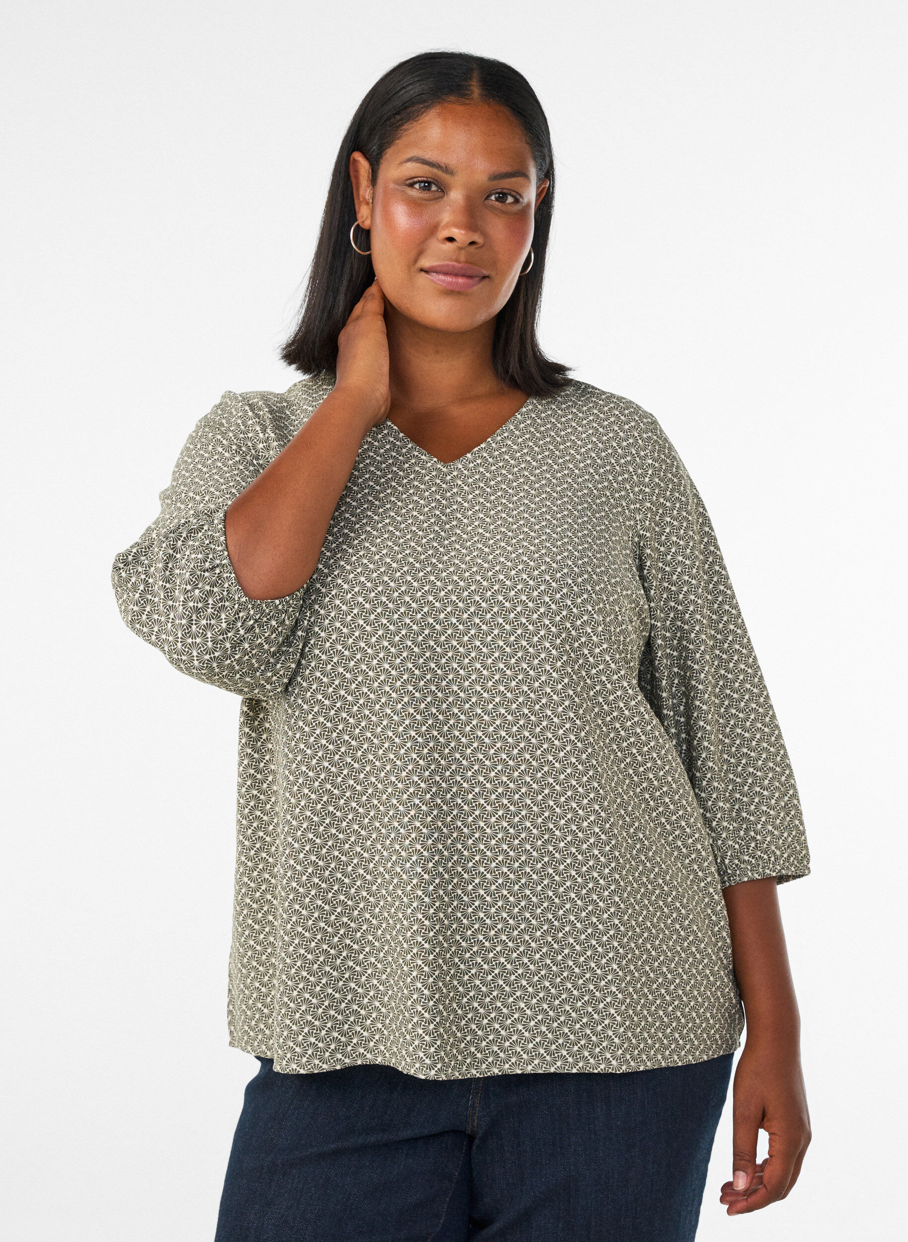 ZizziViskosebluse med m&oslash;nster og 3/4-&aelig;rmer, Gr&oslash;n, Model image number 0
