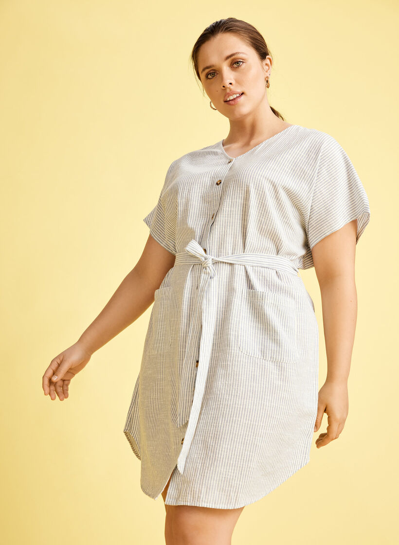 Stribet skjortekjole i bomuld med lommer, Country Blue Stripe, Image image number 0