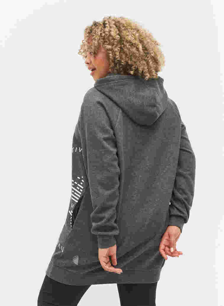 Lang sweatshirt med hætte og printdetaljer, Dark Grey Melange, Model