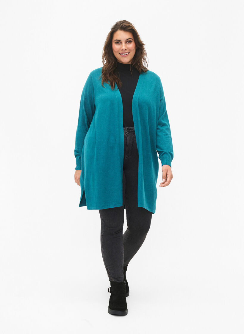 Strikket cardigan med slids og rib, Deep Lake Mel. , Model image number 2