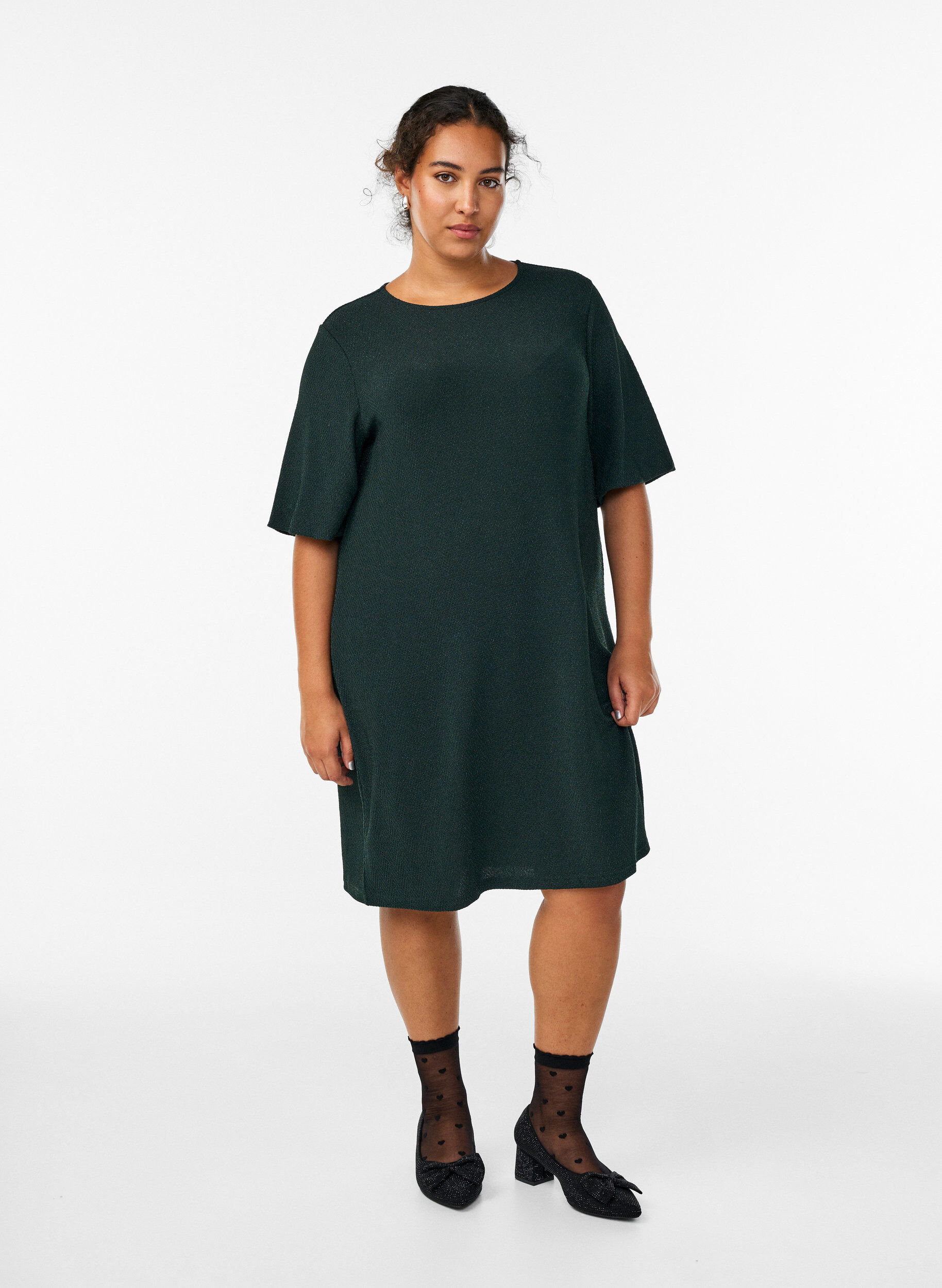 Zizzi Kort kjole med glitterm&oslash;nster, Gr&oslash;n, Model image number 1