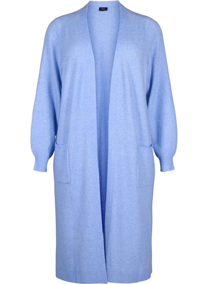 Lang strikcardigan med lommer, Cornflower Blue Mel., Packshot image number 0