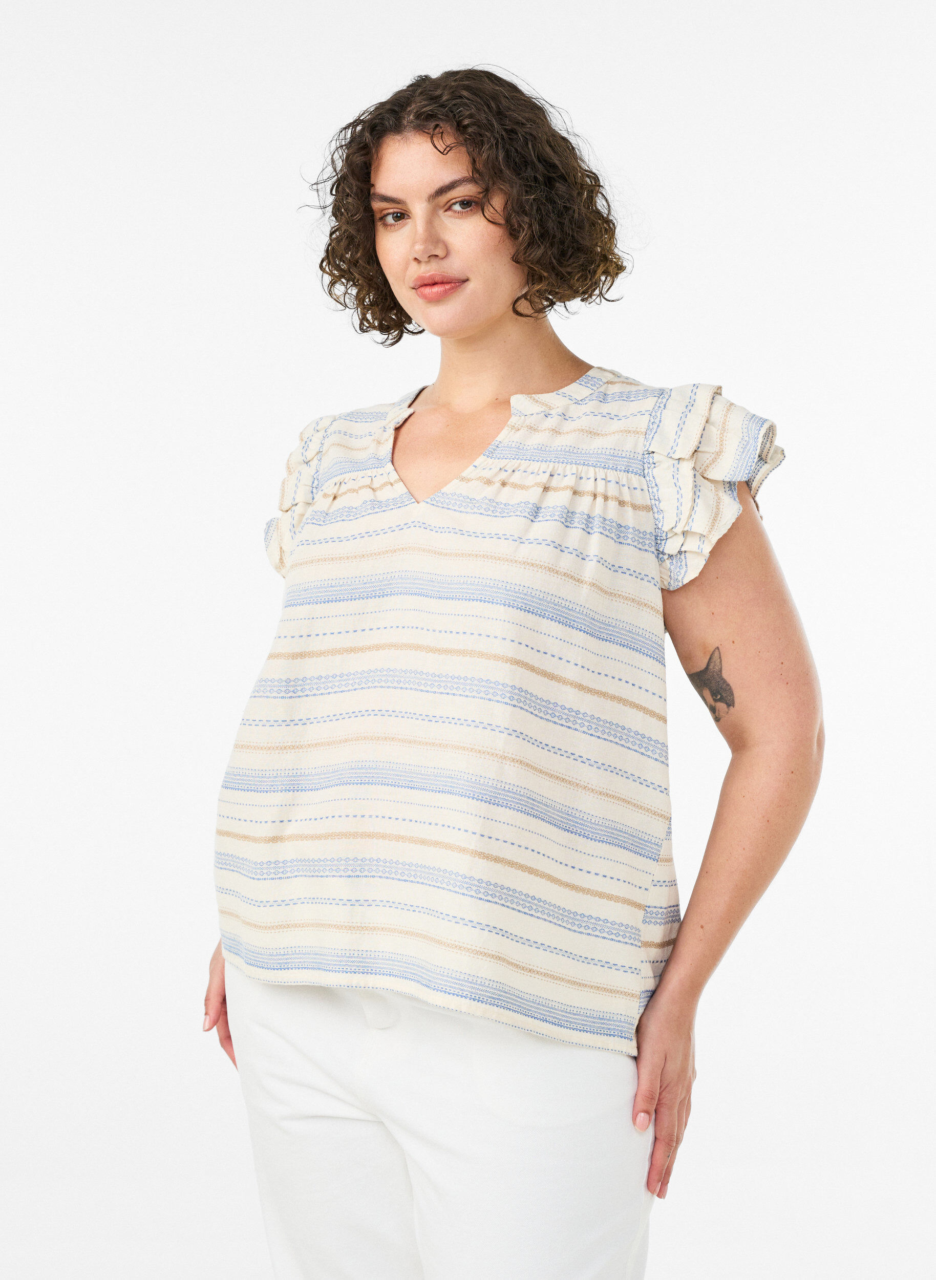 &AElig;rmel&oslash;s bluse med fl&aelig;ser og m&oslash;nstrede striber, Vanilla, Model