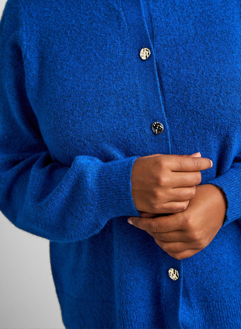 Cardigan i bl&oslash;d strik med guldfarvede knapper, Turkis, Model image number 3