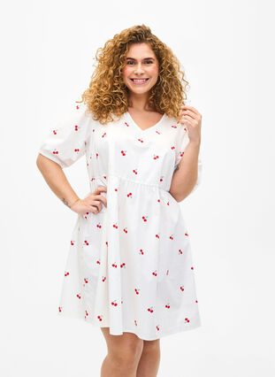 Kjole med kirsebærprint og a-shape, B. White/Cherry, Model image number 0