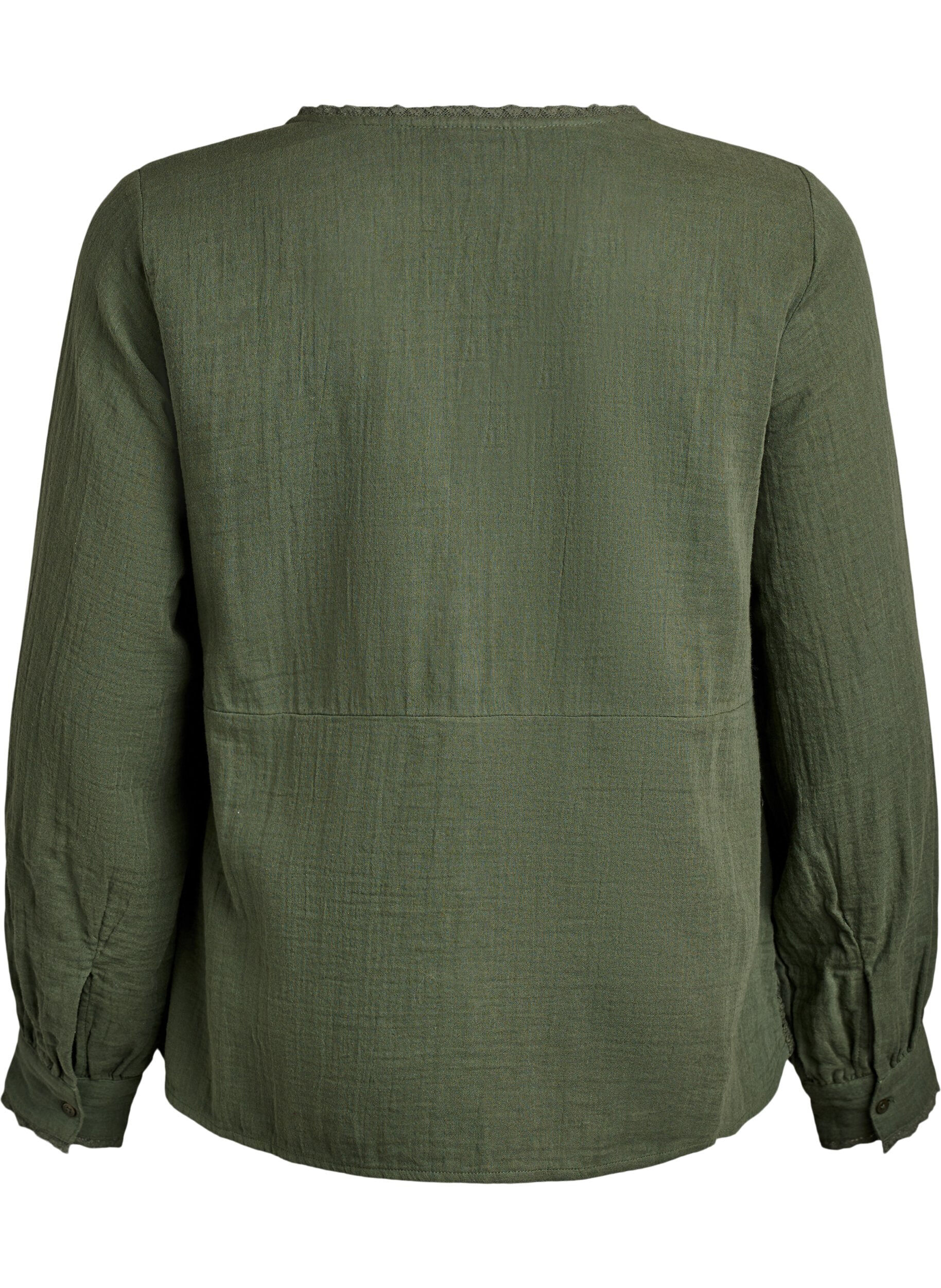 Zizzi Skjortebluse i bomuldsmusselin med crochetdetaljer, Gr&oslash;n, Packshot image number 1