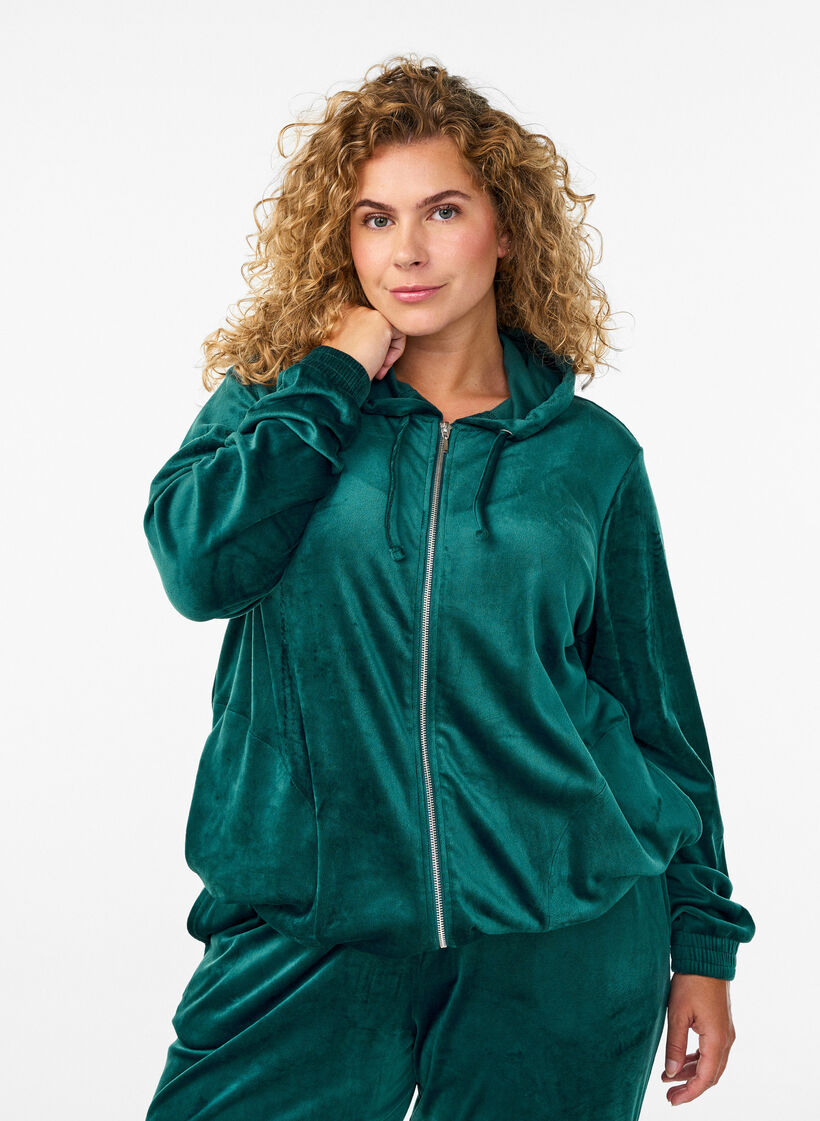 Velour cardigan med lynlås og hætte , Grøn, Model image number 0