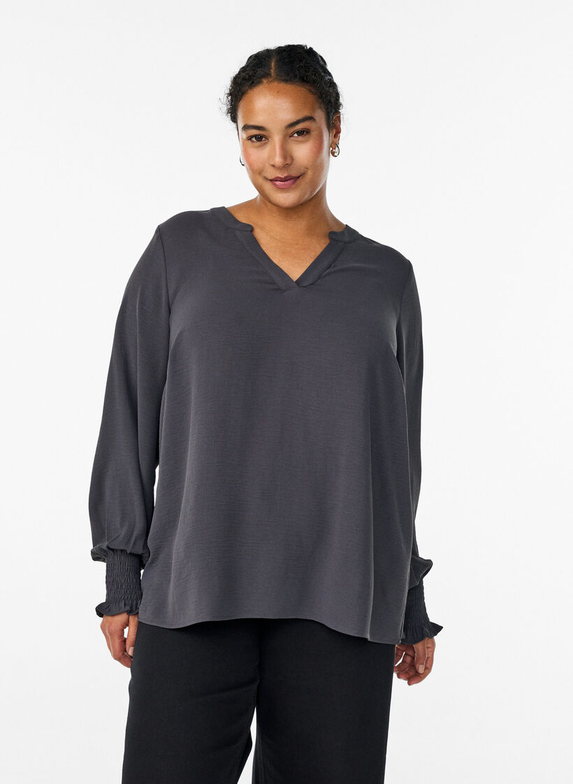 Bluse med smock manchetter og V-udsk&aelig;ring, Gr&aring;, Model image number 0