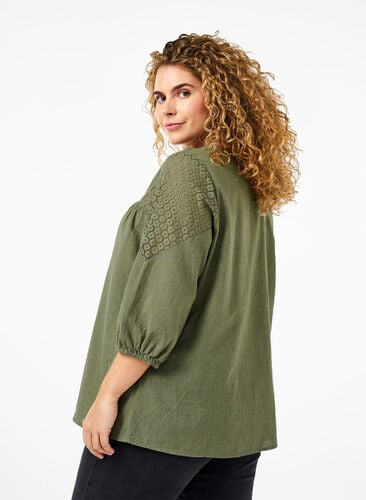 Bluse i bomuldsmix med hør og crochetdetalje, Deep Lichen Green, Model image number 1