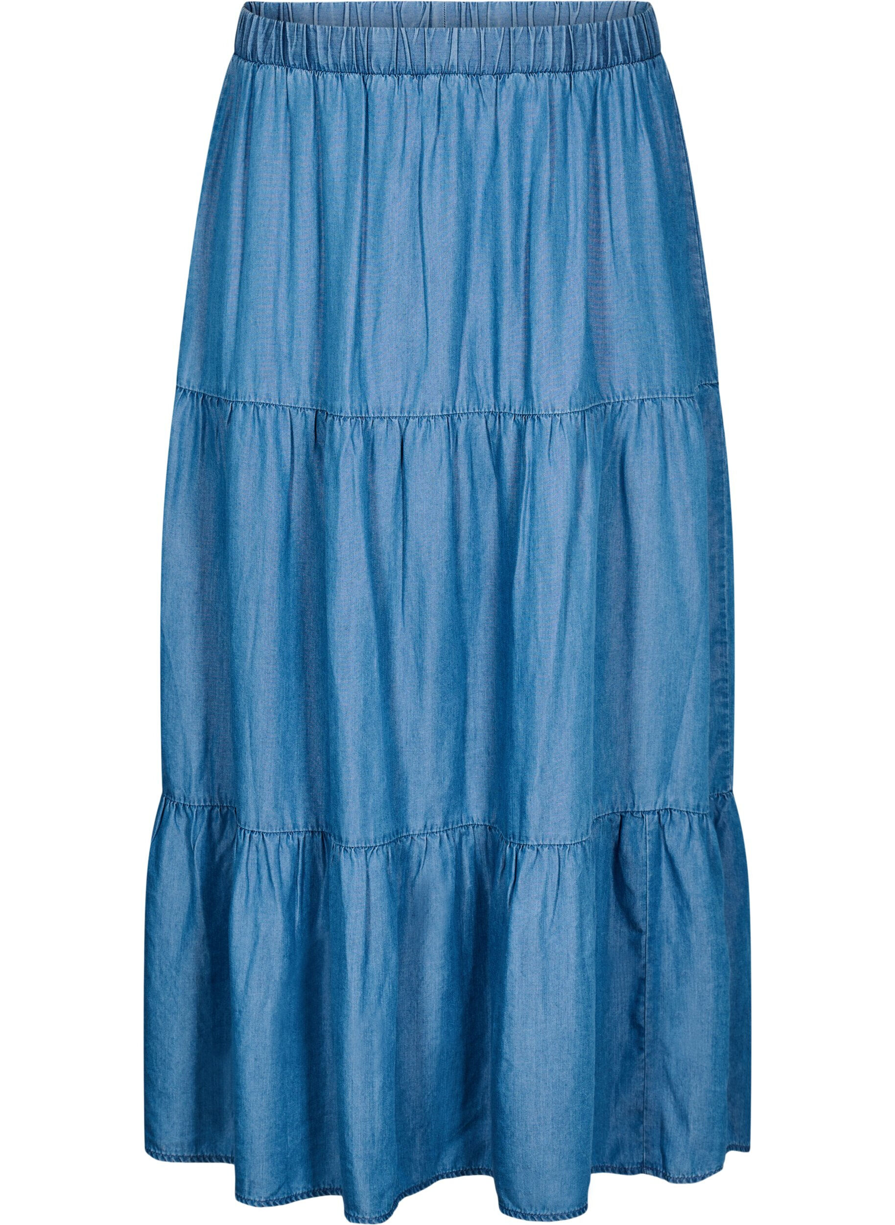 Denim maxinederdel med fl&aelig;ser