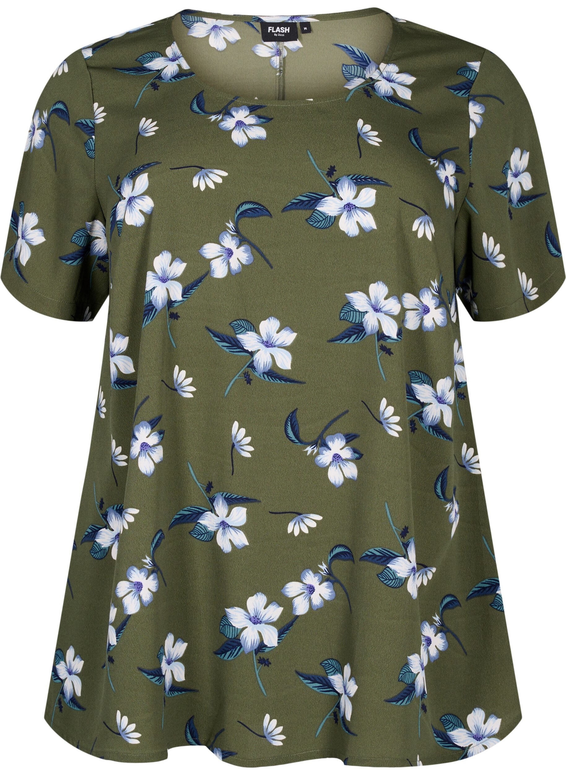 Zizzi FLASH - Bluse med korte &aelig;rmer og print, Olive Night Flower, Packshot image number 0