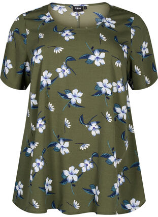 FLASH - Bluse med korte ærmer og print, Olive Night Flower, Packshot image number 0