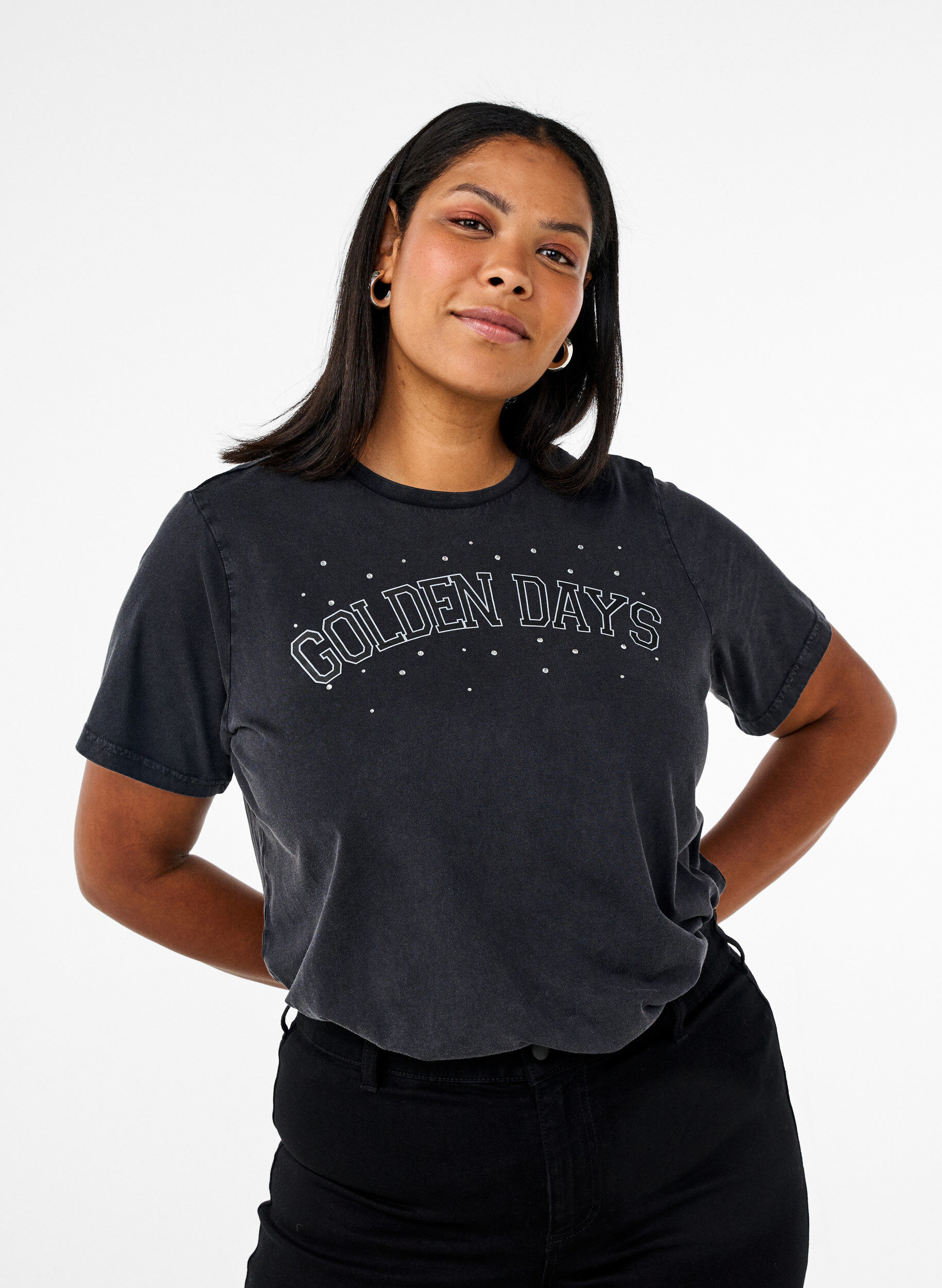 Zizzi T-shirt i &oslash;kologisk bomuld med grafisk print, Gr&aring;, Model image number 0