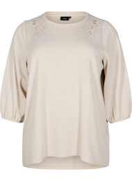 Bluse med blomsterbroderi og 3/4-ærmer, Oatmeal Melange