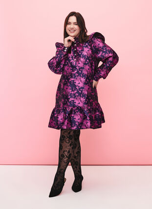 Kjole med flæsedetaljer og perleknapper, Dark Blue Pink, Model image number 3