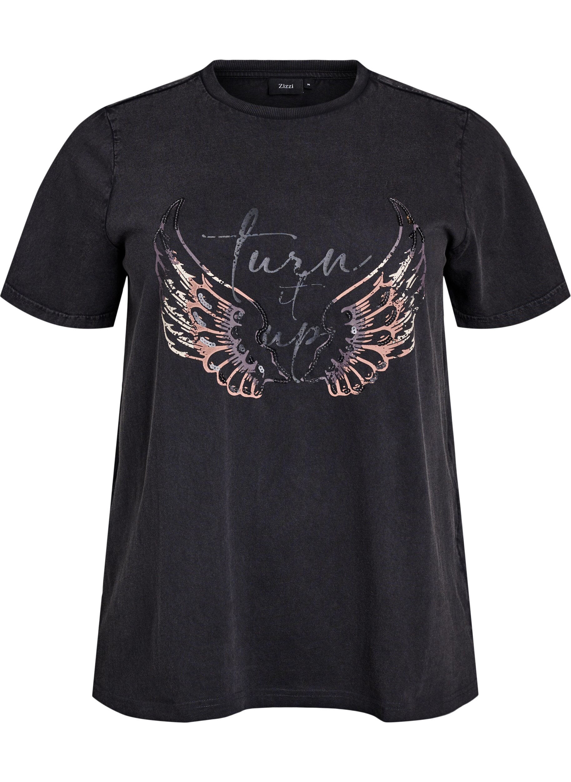 Zizzi T-shirt i &oslash;kologisk bomuld med statement print, Gr&aring;, Packshot image number 0