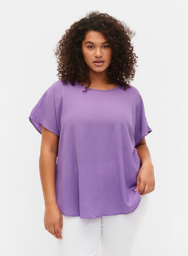 Bluse med korte ærmer og rund halsudskæring, Deep Lavender, Model image number 0