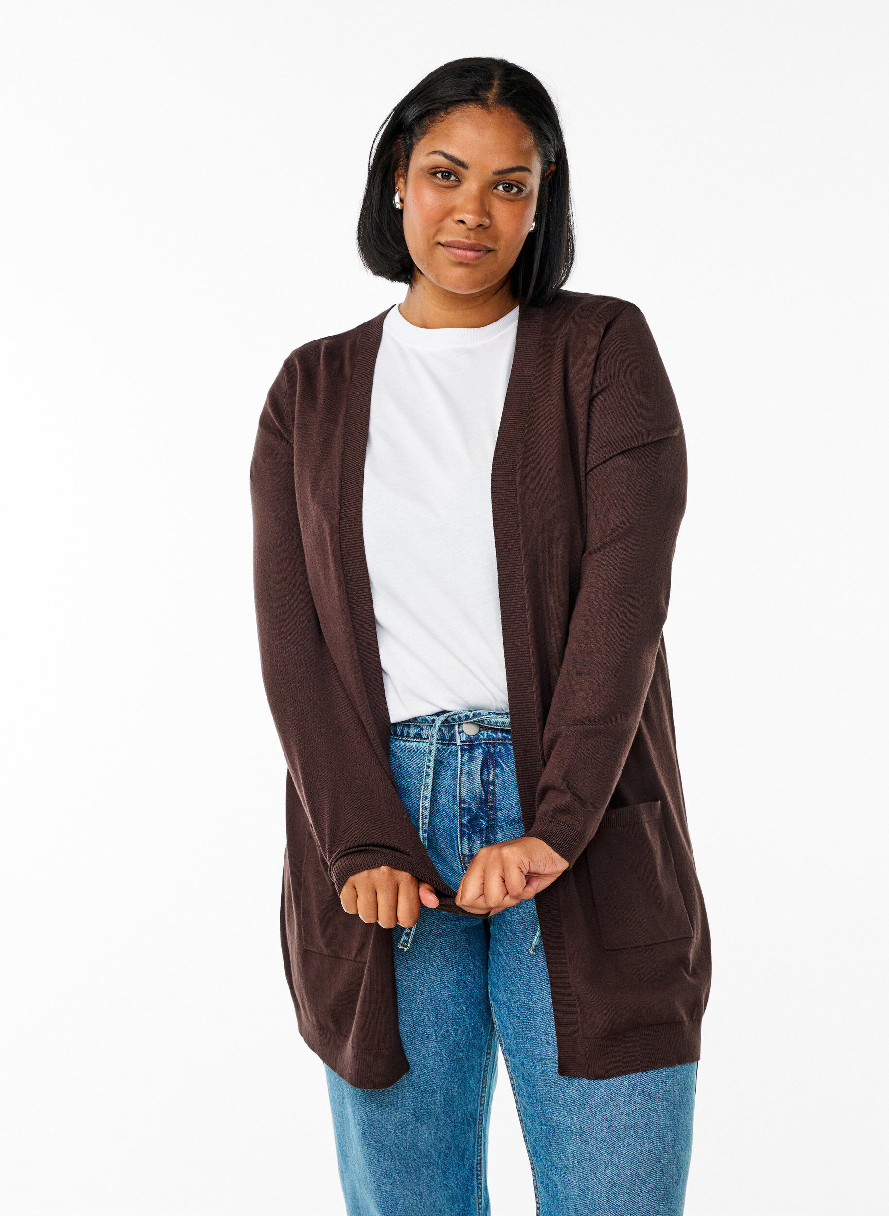 Lang strikcardigan i viskosemix, Brun, Model