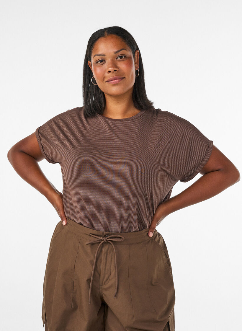T-shirt i viskose med glimmerstriber, Brun, Model image number 0