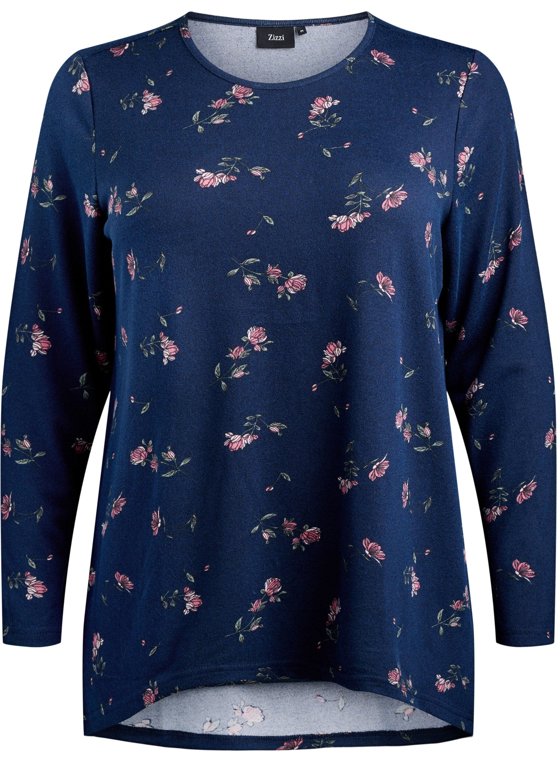 Zizzi Blomstret bluse med lange &aelig;rmer, Bl&aring;, Packshot image number 0