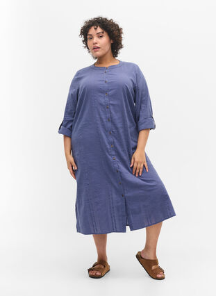 Bomulds skjortekjole med 3/4 ærmer, Nightshadow Blue, Model image number 2