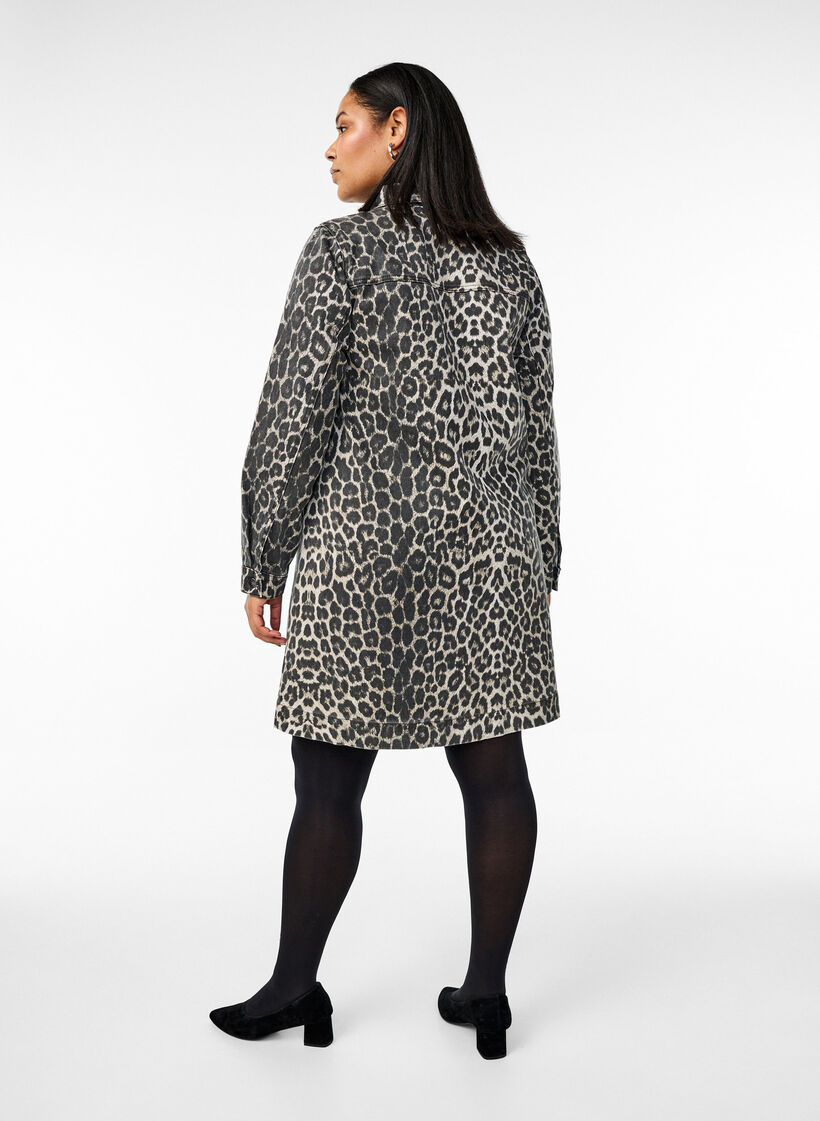 Langærmet denimkjole med leopardprint, Leo AOP, Model image number 1