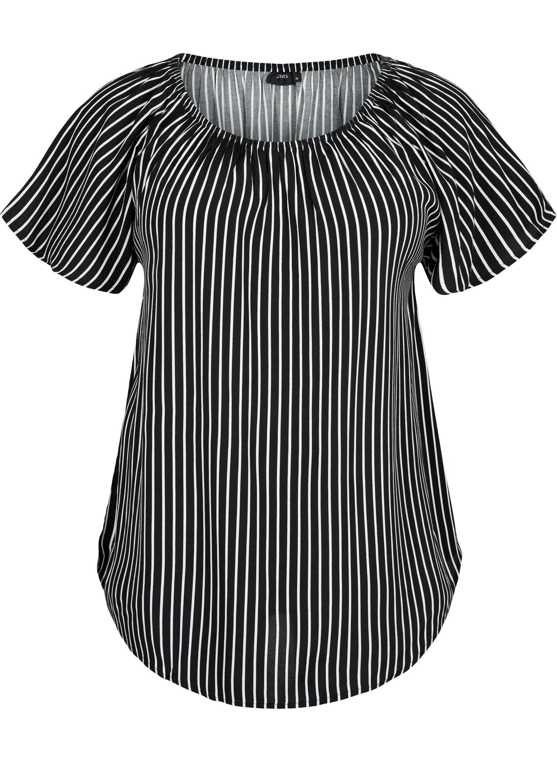 Zizzi Stribet viskose bluse med korte &aelig;rmer, Black/ White Stripe, Packshot image number 0