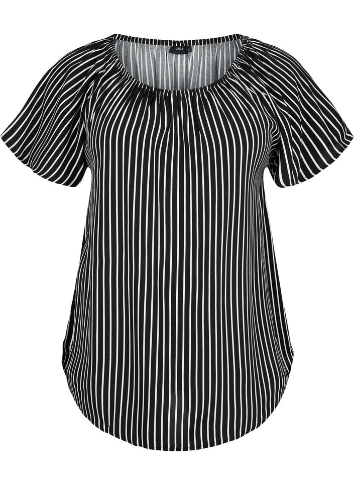 Stribet viskose bluse med korte ærmer, Black/ White Stripe, Packshot image number 0
