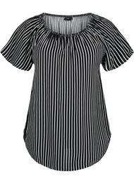 Stribet viskose bluse med korte ærmer, Black/ White Stripe