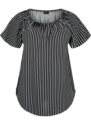Stribet viskose bluse med korte ærmer, Black/ White Stripe, Packshot image number 0