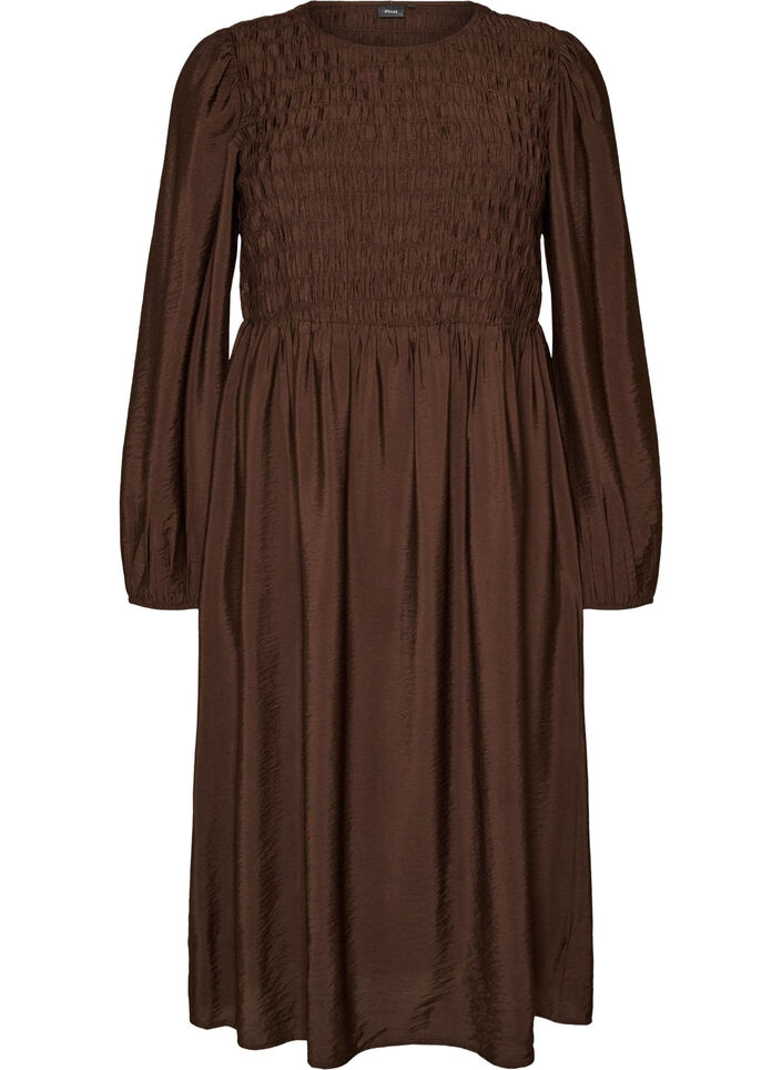 Midikjole i viskose med smock, Brun, Packshot image number 0