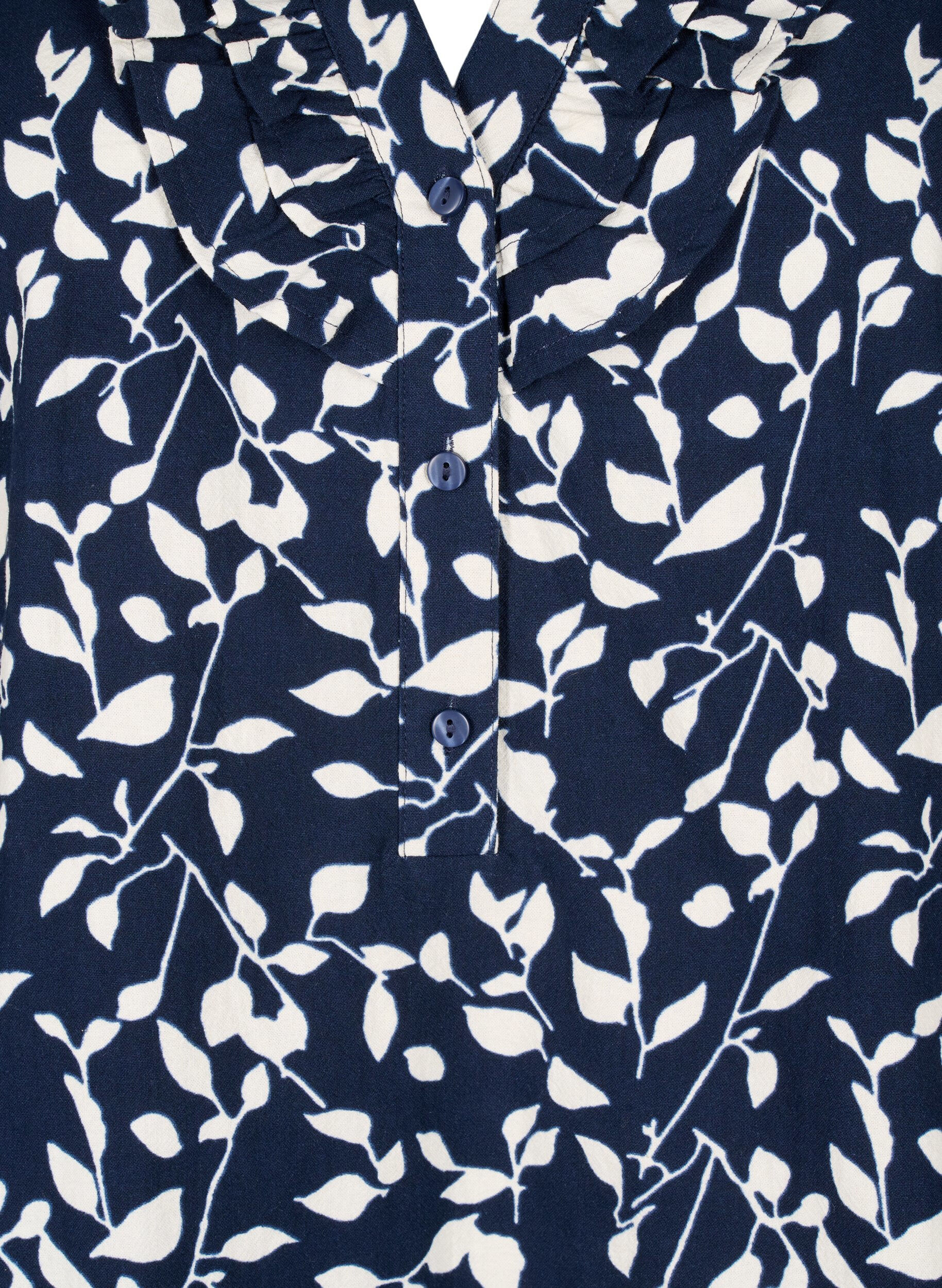 Zizzi 3/4 &aelig;rmet bluse i bomuld med print, Navy Blazer Leaf, Packshot image number 2