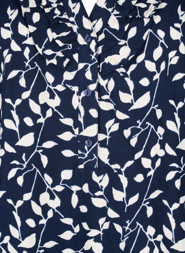3/4 &aelig;rmet bluse i bomuld med print, Navy Blazer Leaf, Packshot image number 2
