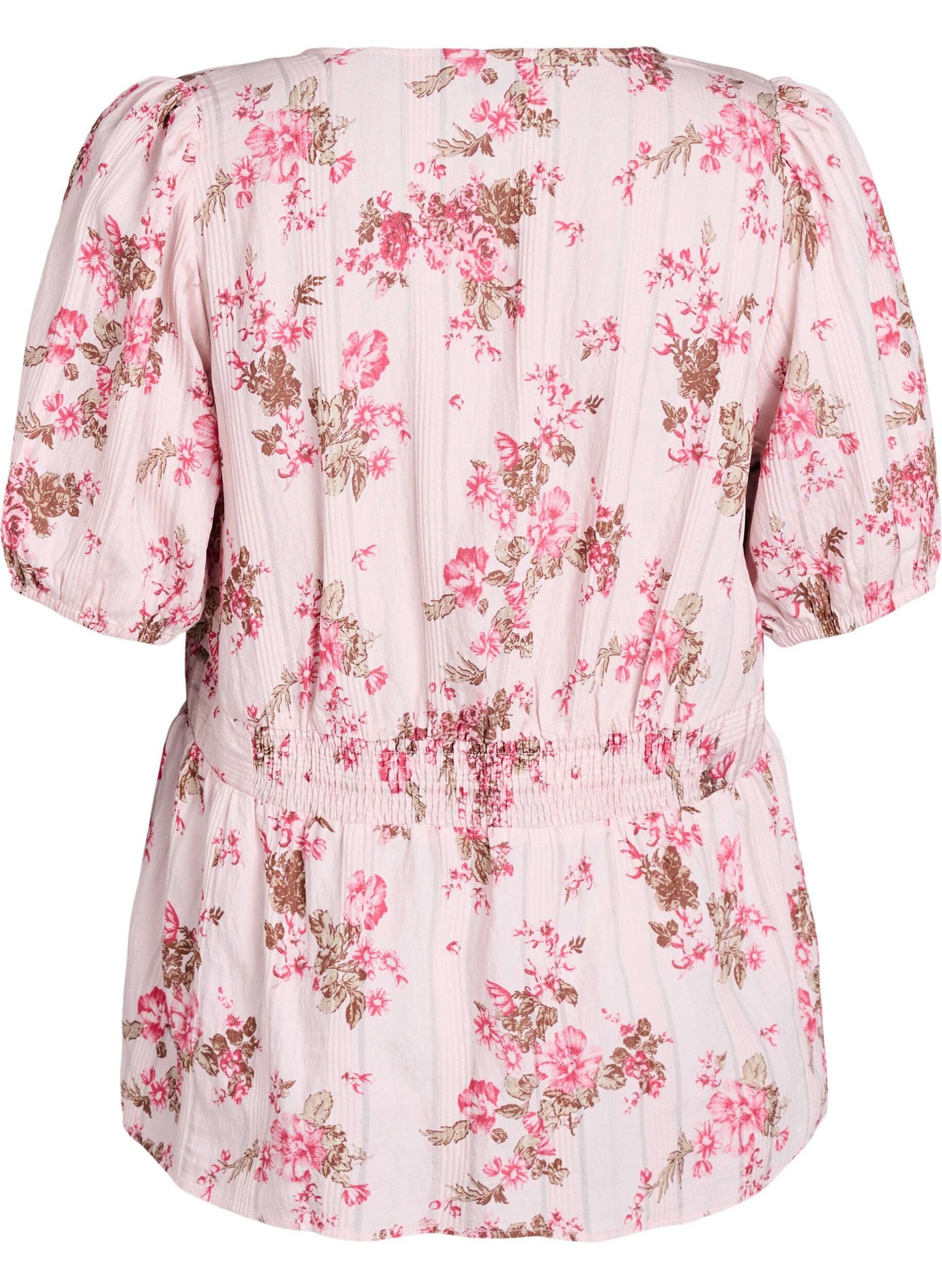 Zizzi Blomstret bluse med korte &aelig;rmer og smock i taljen, Lyser&oslash;d, Packshot image number 1