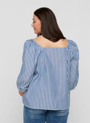 Stribet bomulds bluse med 3/4 ærmer, Bijou Blue Stripe, Model image number 1