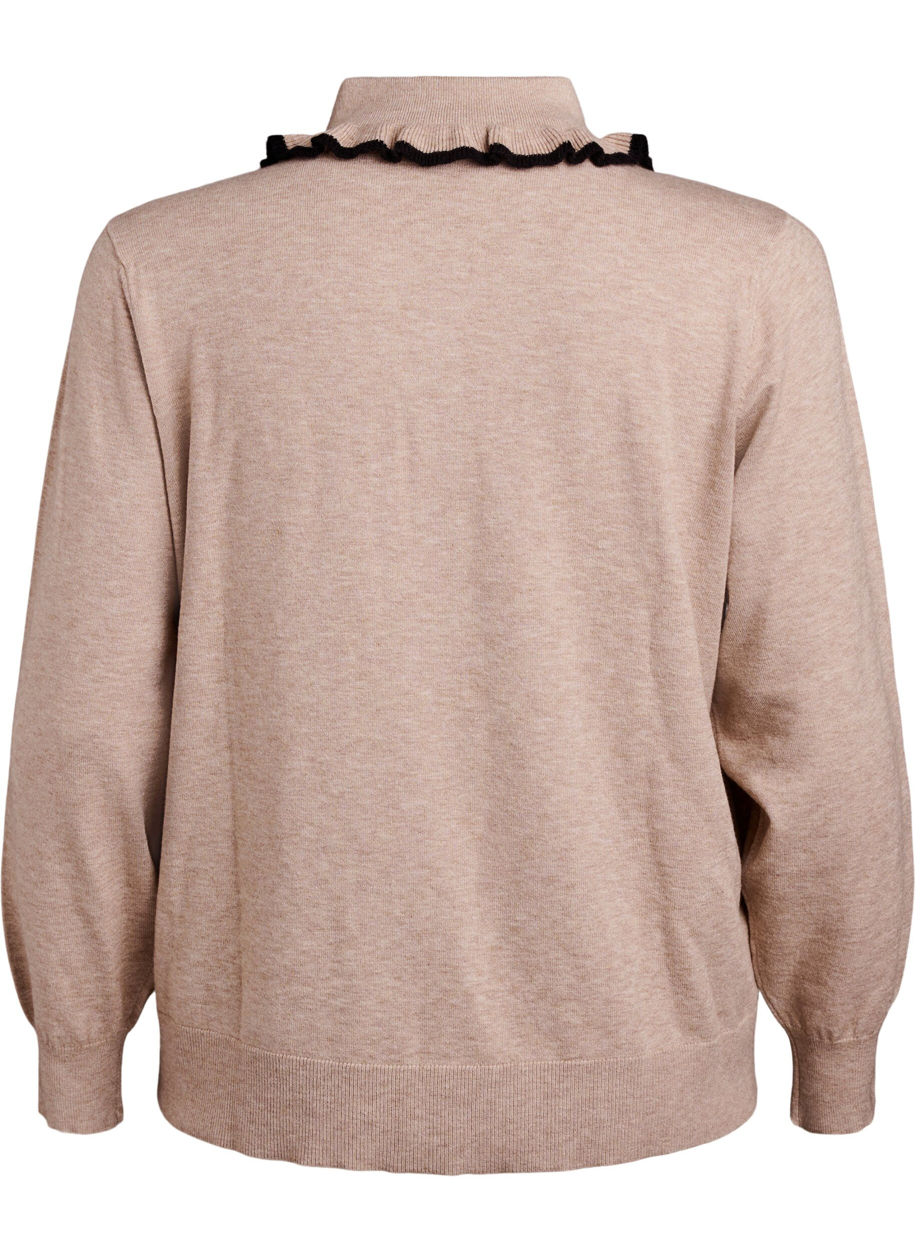 Zizzi Strikbluse med fl&aelig;sedekoreret polokrave, Beige, Packshot image number 1